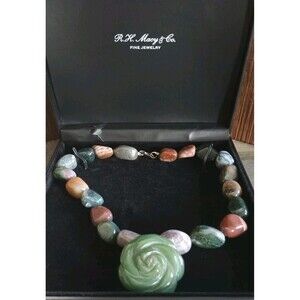 Jade Flower Jasper Beaded Sterling Clasp Vintage Necklace Tested